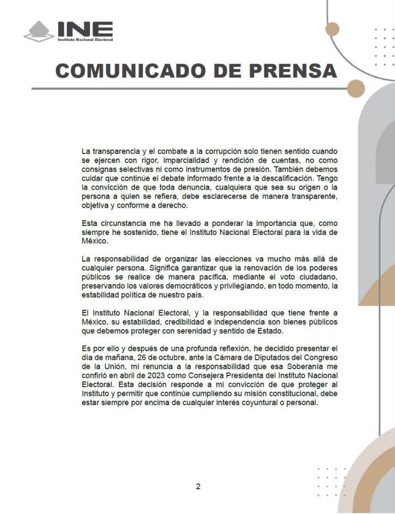 Comunicado de Prensa de Guadalupe Taddei