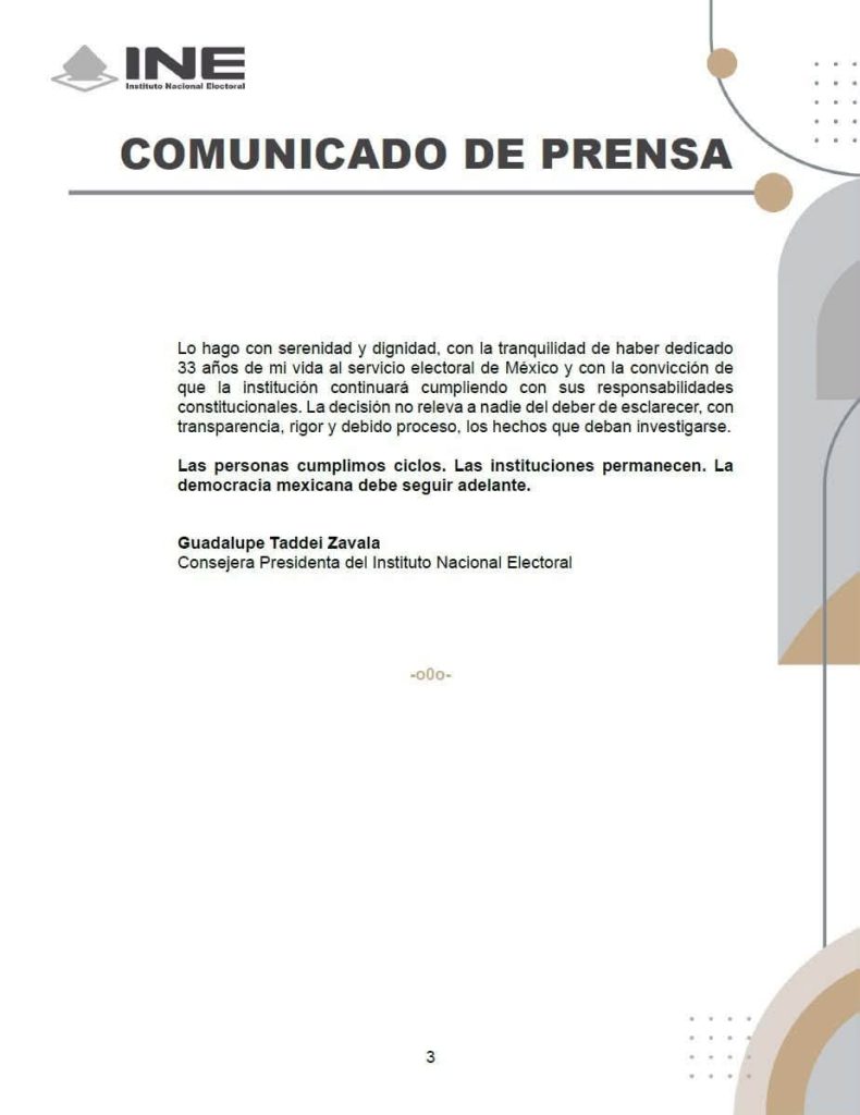 Comunicado de Prensa de Guadalupe Taddei