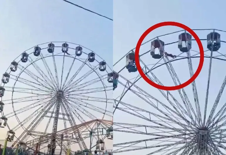 Rueda de la fortuna cede en feria de India: Pasajeros en vilo