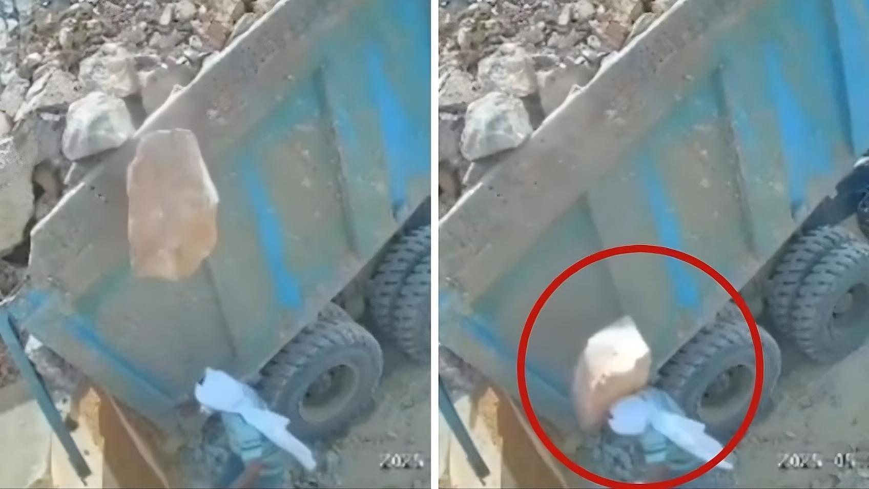 ¡Impactante! Piedra golpea a trabajador en la cabeza durante descarga